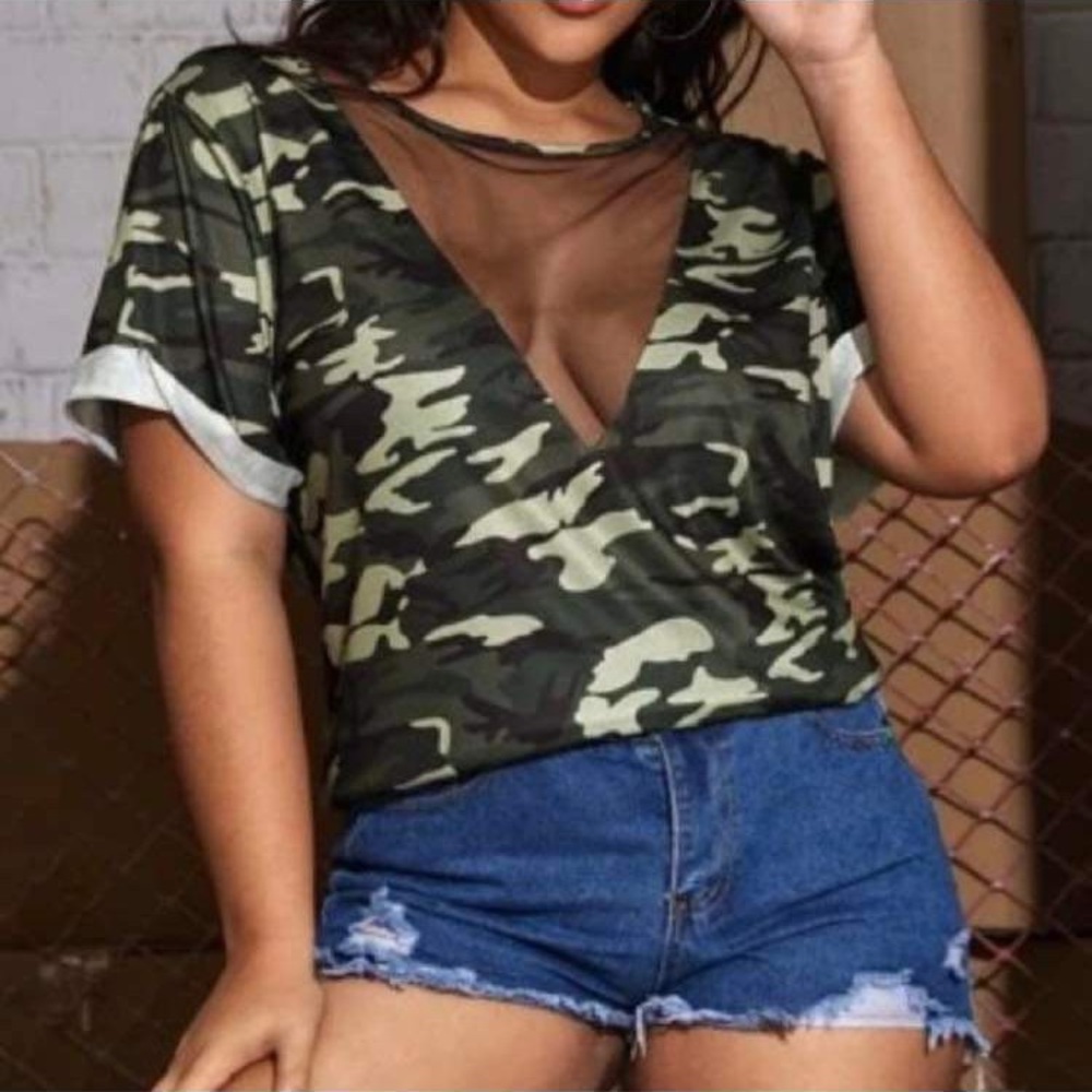 Plus camo mesh yoke rolled cuff tee